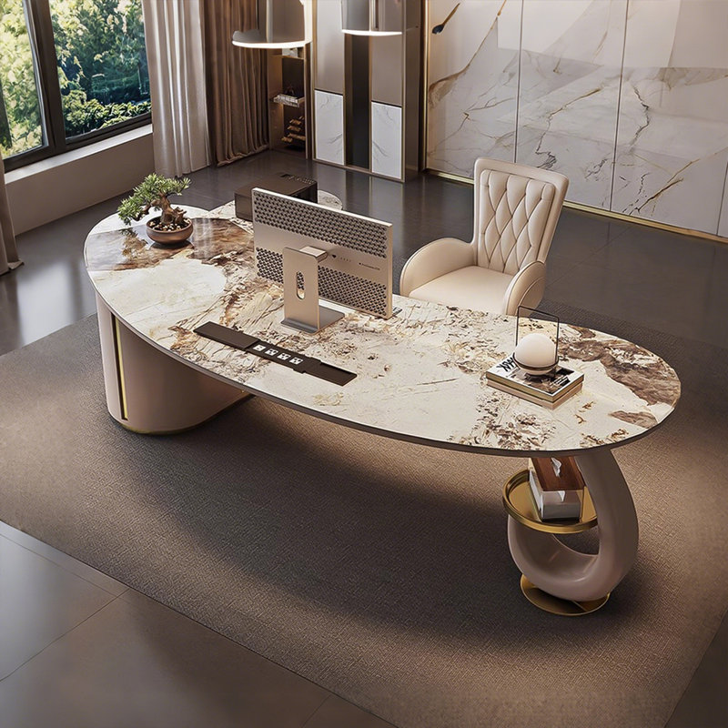 Bureau italien en pierre frittée de luxe italien | Plateau elliptique | Conception créative des pieds