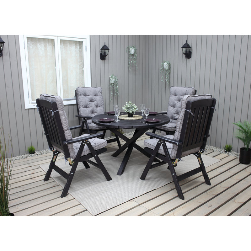 Hannahs 4 - Person Wood Patio Dining Set with Round Table , Cushions Included, Black, Black