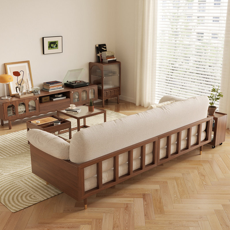  Grimpante 82.68'' Beige Upholstered Cotton and Linen Wood Frame Sofa,Tufred Back and Solid Wood Legs, Walnut