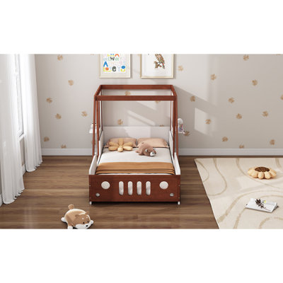Fun Play Design Twin Size Car Bed, Kids Platform Bed in Car-Shaped for Kids Boys Girls Teens,White+ Orange