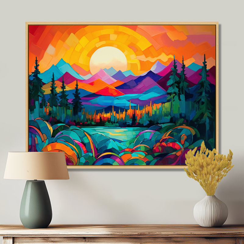«Vibrant Sunset Shining Over Mountains II», art sur toile, H 16 po x l 32 po x P 1 po, Cadre flottant érable
