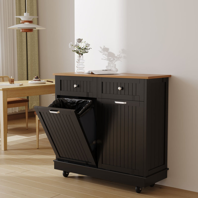 Black Double Tilt Out Trash Cabinet with Countertop and Drawer