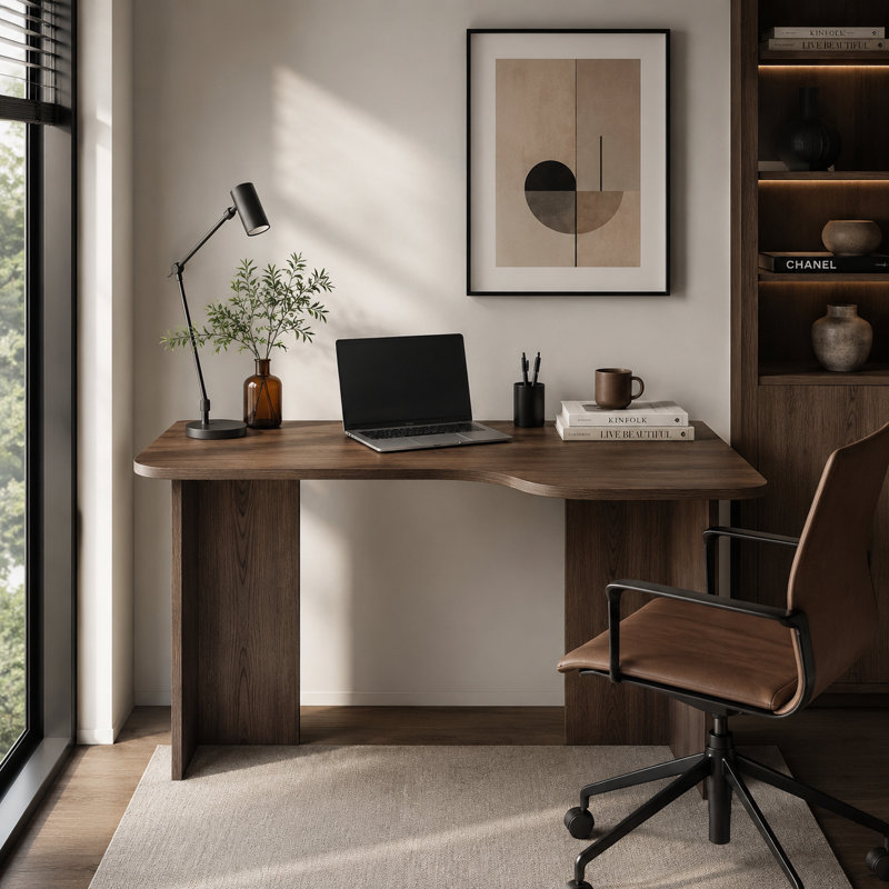 Fluida Modern Desk with Curved Design and Wood Grain Finish 47.24" W