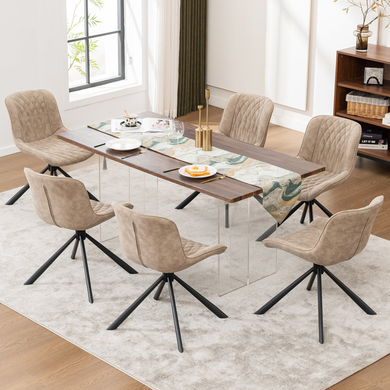 Swivel Tufted Leather Upholstered Side Chairs Modern Dining Chairs with Metal Legs, Beige