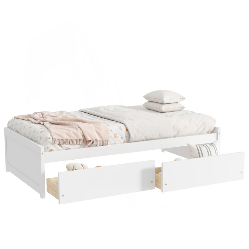 Lit simple avec 2 tiroirs, lit en bois d'hévéa massif, Blanc