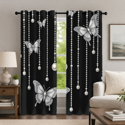 2Pcs rideaux papillon noir et blanc, élégant rideau à imprimé de perles, rideaux à œillets à motif animalier romantique, habillage de fenêtre pour le décor de la chambre à coucher