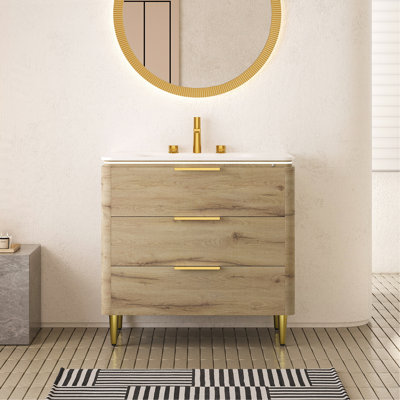 Meuble-lavabo de salle de bain 36 po avec évier, meuble de rangement autoportant en contreplaqué à bords arrondis avec 3 tiroirs, lavabo intégré en pierre frittée blanc de Carrare, pré-assemblé, couleur grain de bois de chêne blanc