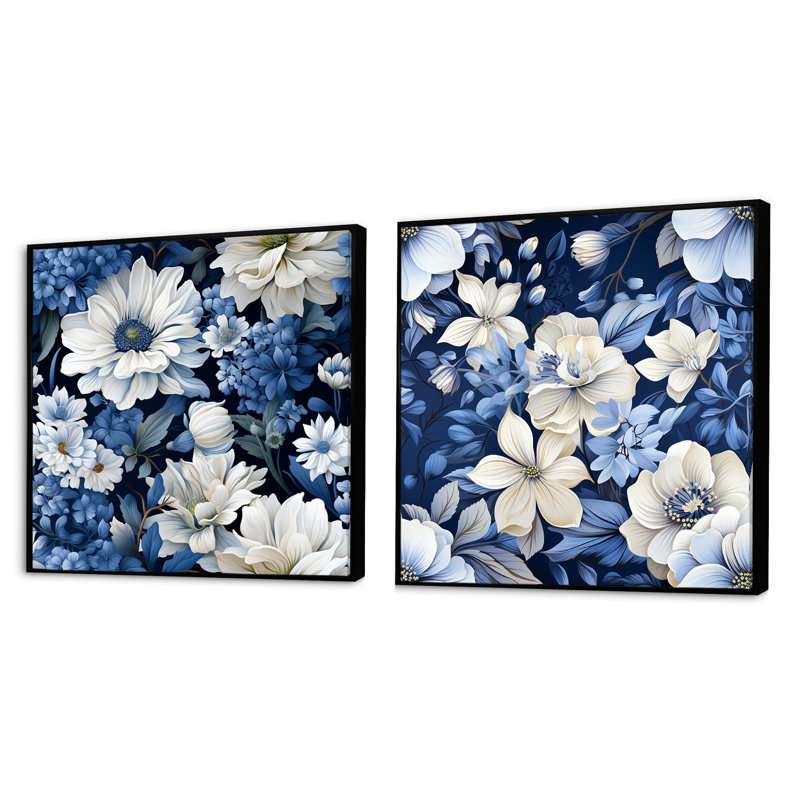 Ensemble de 2 collages floraux bleus et blancs à motif floral IV, Cadre flottant noir, H 16 po x l 33 po