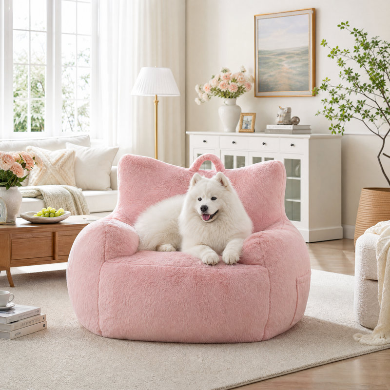 Adult Oversized Cat-shaped Beanbag Chair, Pink Faux Fur