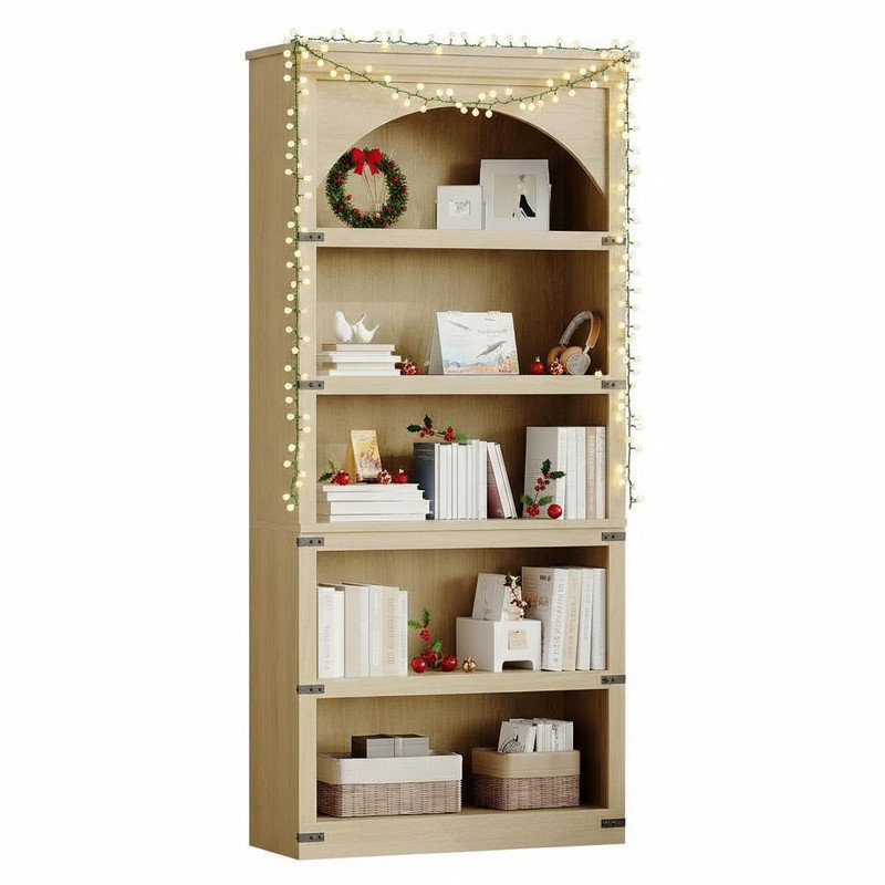 5 Tier Bookcase Arched Bookshelf, Rustic Wood Look Storage Shelf for Home Office Living Room, Easy Assembly, Farmhouse Style Bookcase with Metal Corner Guards