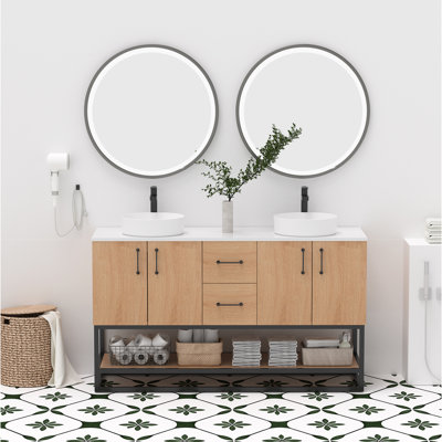 Ensemble de meuble-lavabo double 60 po avec lavabo et tablette inférieure ouverte 60 po