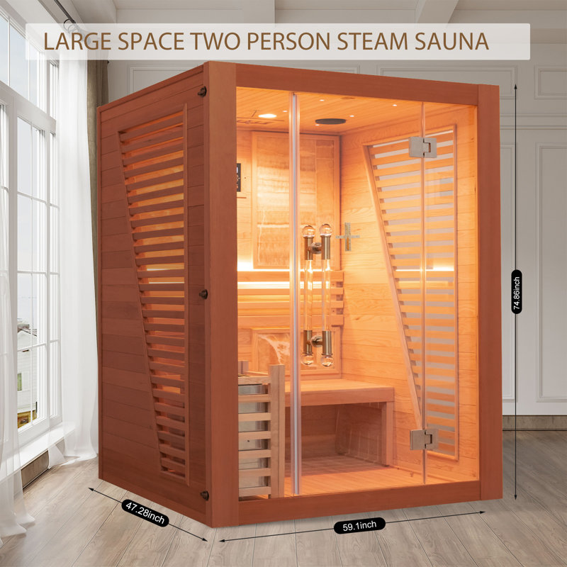 Hylivesaunas Wood Home Steam Sauna, 3 Person Canadian Red Cedar Traditional Luxurious Wooden Indoor Spa Room, with 3.5 kw Heater, Speaker, Rocks, Water Bucket, Spoon, Sky Lights