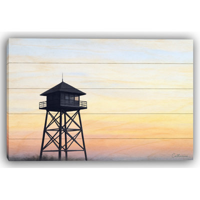 «Sunrise Watchtower», art sur toile en bois tranquille