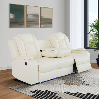 83" Breathable Leather Power Reclining Sofa with Wireless Chargers and Blue LED Light