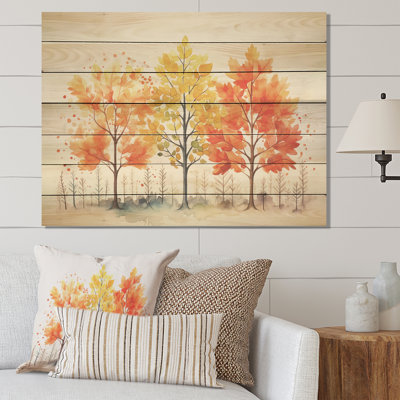 Yellow And Orange Autumn Leaves Beauty II - Tree Maple On Wood Print