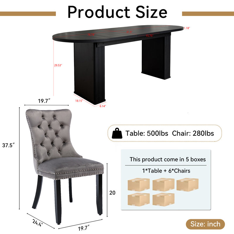 Extendable Dining Table Set, Rustic Oval Dining Room Table & Velvet Dining Chairs with Wood Leg, 62.99" -78.74" Dining Table and Chairs Set, Modern Dining Table Set