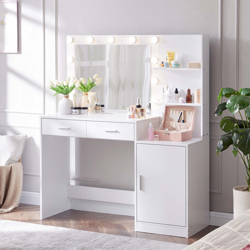 Vanity Desk with Mirror and Lights,46.4In Dressing Table with 2 Large Drawer&Large Vertical Organizer,3 Level Dresser & 3 Lighting Modes Adjustable Brightness,Suitable for Bedroom