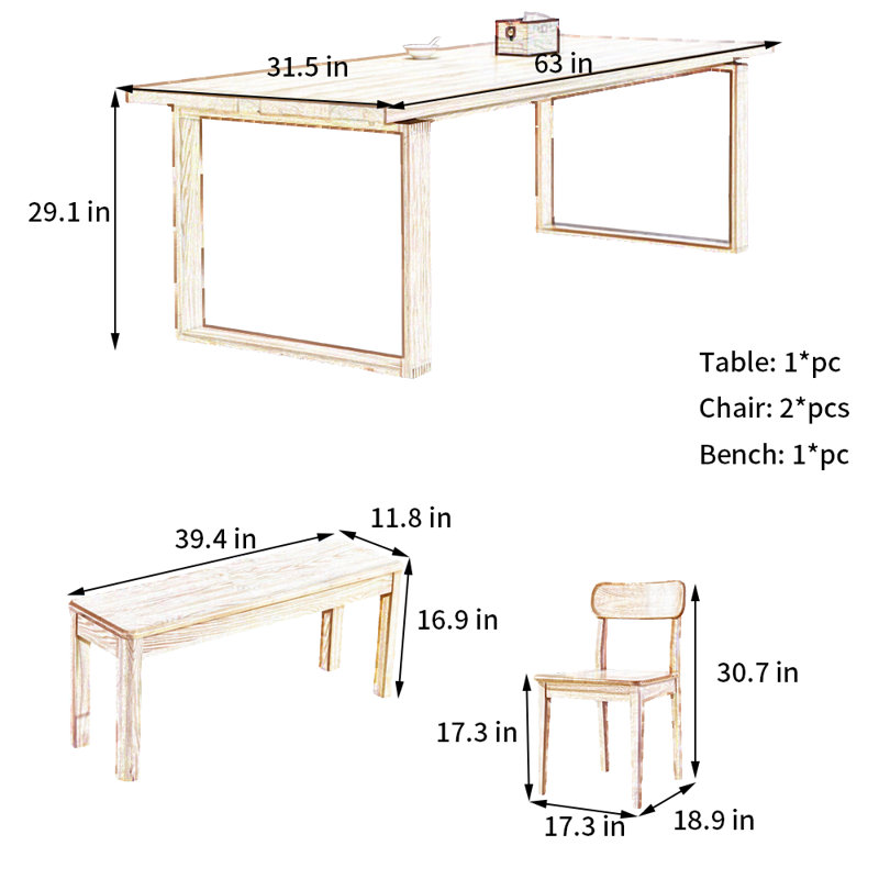 Ensemble de salle à manger rectangulaire en bois massif L 63 po x l 31,5 po