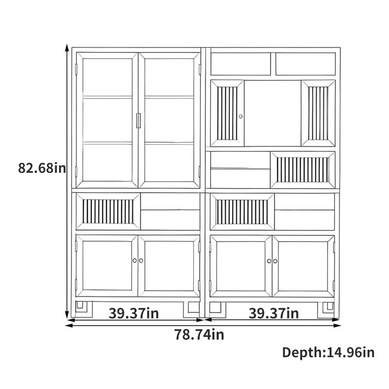 Nouvelle bibliothèque créative de style chinois, (12 tablettes) H 82,68 po x l 78,74 po x P 14,96 p