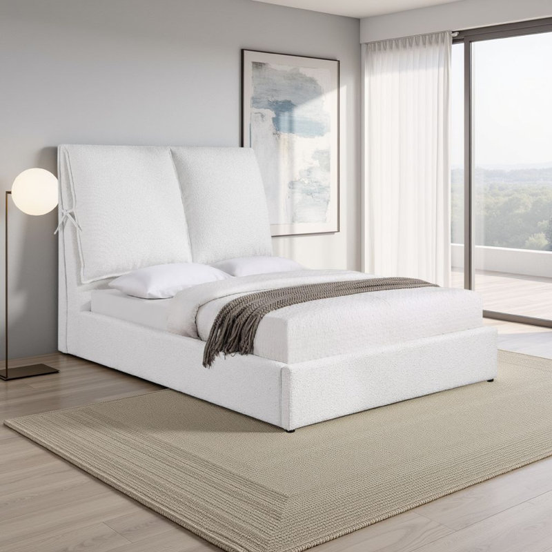 Upholstered Panel Bed, White, Queen