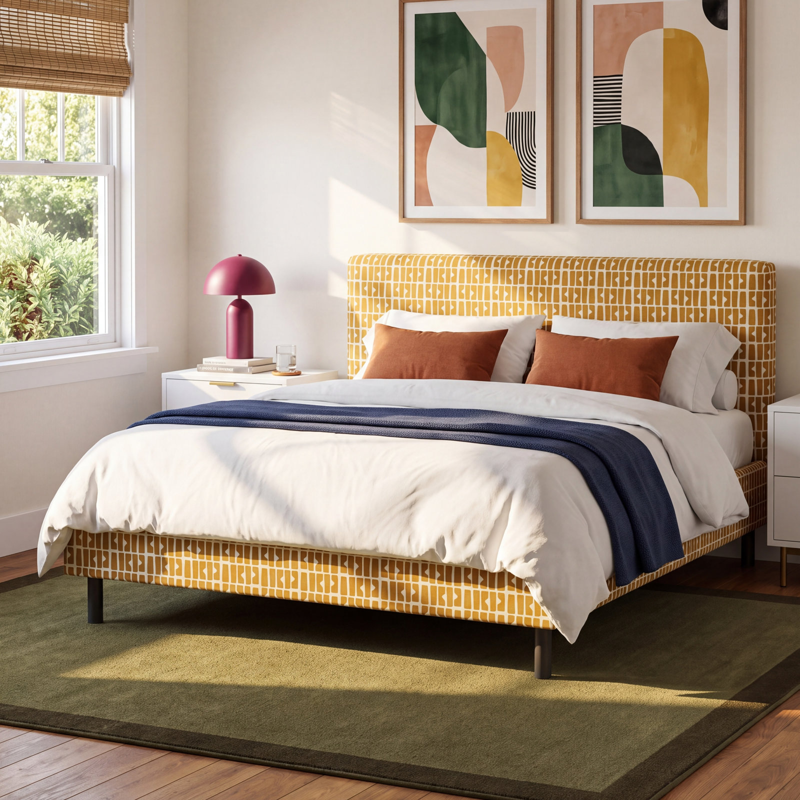 Avila Cotton Upholstered Bed, California King, Bloc Panel Mustard
