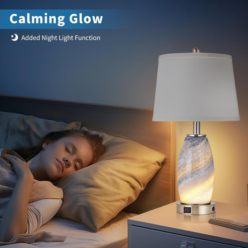 Blue Textured Glass 3-Way Table Lamps with USB Ports, Set of 2