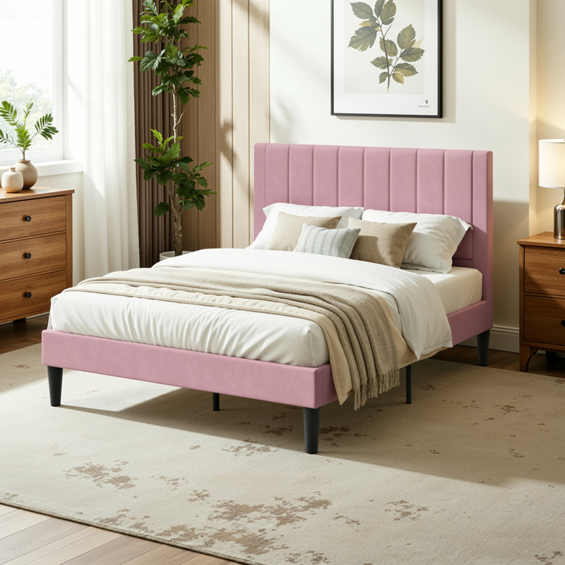 Modern Upholstered Platform Bed With Seamless Headboard, No Box Spring Needed, Full Size, Queen Size, King Size, Full, Pink