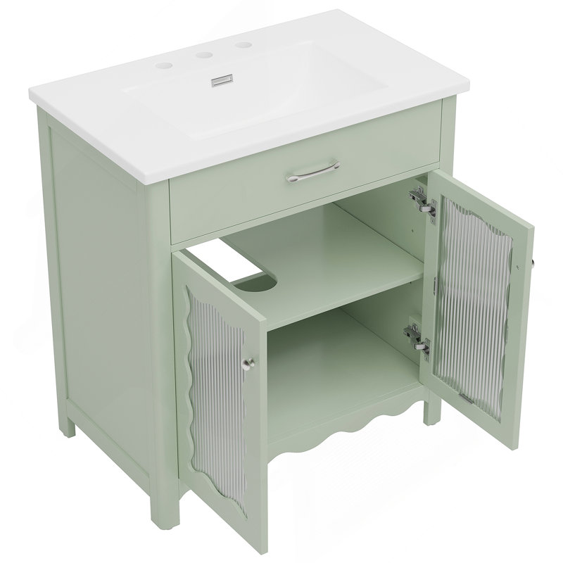 Meuble-lavabo 31 po avec verre trempé, vert, Green