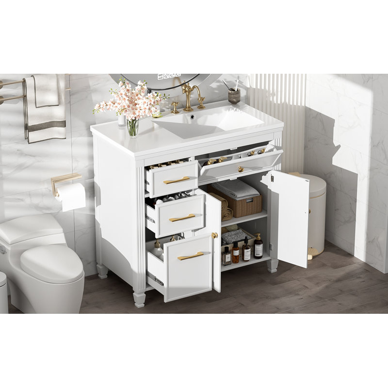 Meuble-lavabo autoportant de 91 cm (36 po) avec lavabo, tiroir basculant et 3 tiroirs latéraux, blanc, Blanc, Blanc