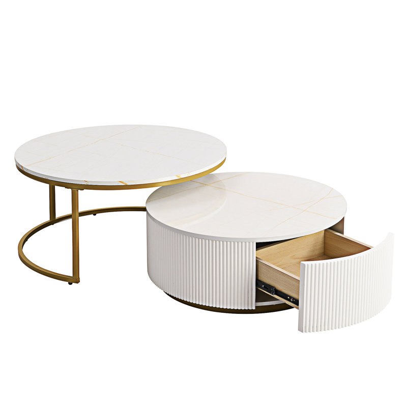 Table basse ronde gigogne avec tiroir, Blanc