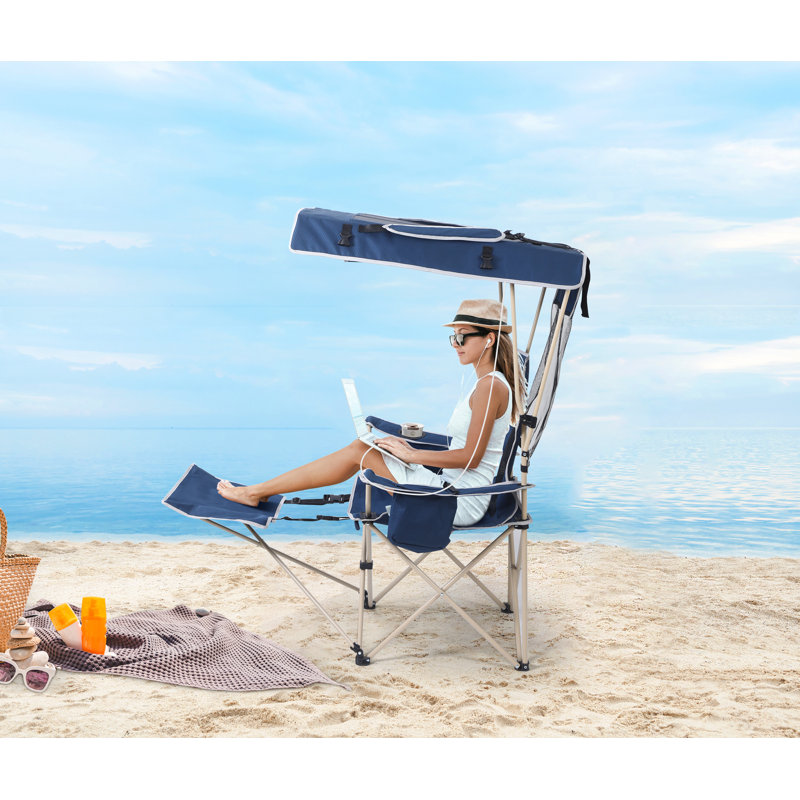 Portable Outdoor Chair with Canopy, Solar Panel, Footrest & Cooler (Navy Blue 2 Pack)
