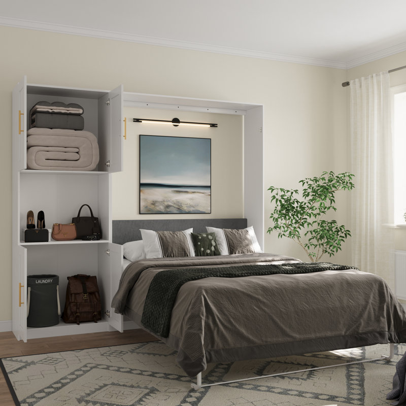 Queen Farmhouse Murphy Bed With 1 Storage Cabinets,Space-Saving Wall Bed For Multipurpose Room, White