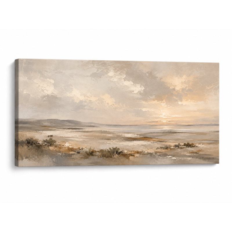 Coucher de soleil beige chaleureux sur un paysage côtier enveloppé d'Iraima, L 55 po x H 27,5 po x P 1,5 po