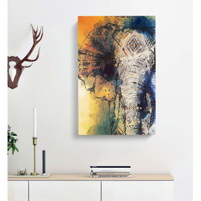 Indian Elephant In Abstract - Wrapped Canvas