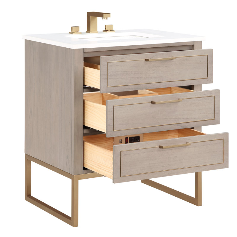 Markham 30'' W Single Vanity, Cashmere Gray, Satin Brass, Universal Calacatta Quartz