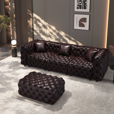 105.7" Modern 3-Seater Sofa Set, Faux Leather Upholstered Modular Sectional Couch with Handmade Button Tufted Design, 1 Ottoman & 3 Pillows, Multi Combination for Living Room, Dark Brown