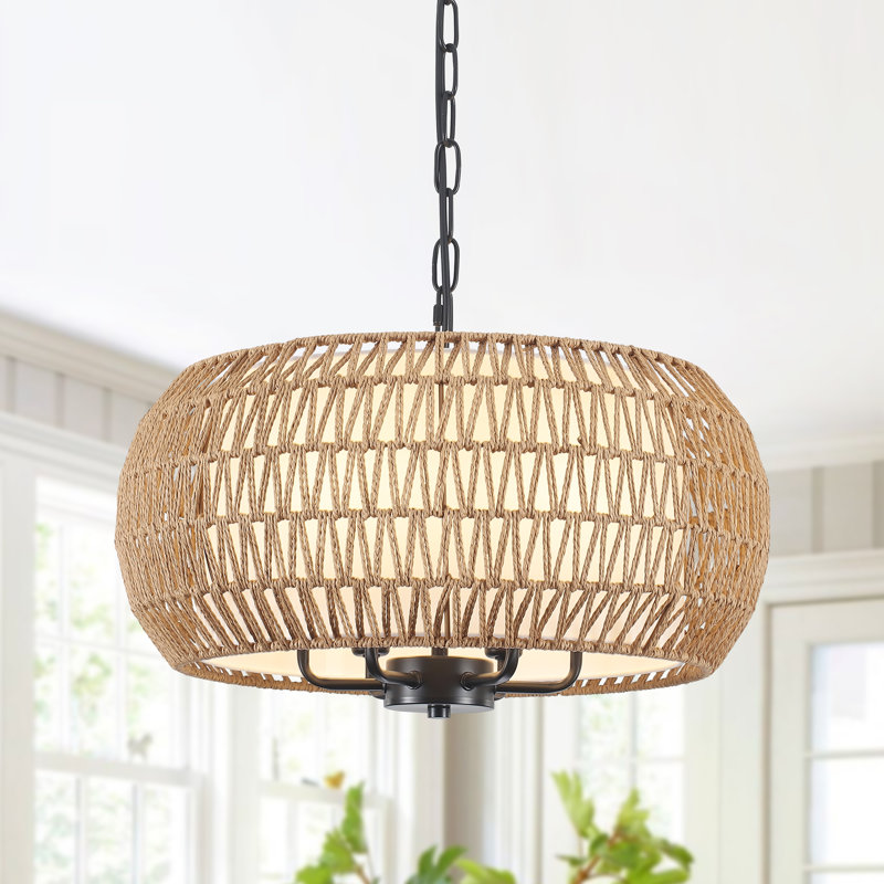 6 - Light 18.89'' Dimmable Bohemian Drum Natural Rattan Chandelier, Gold