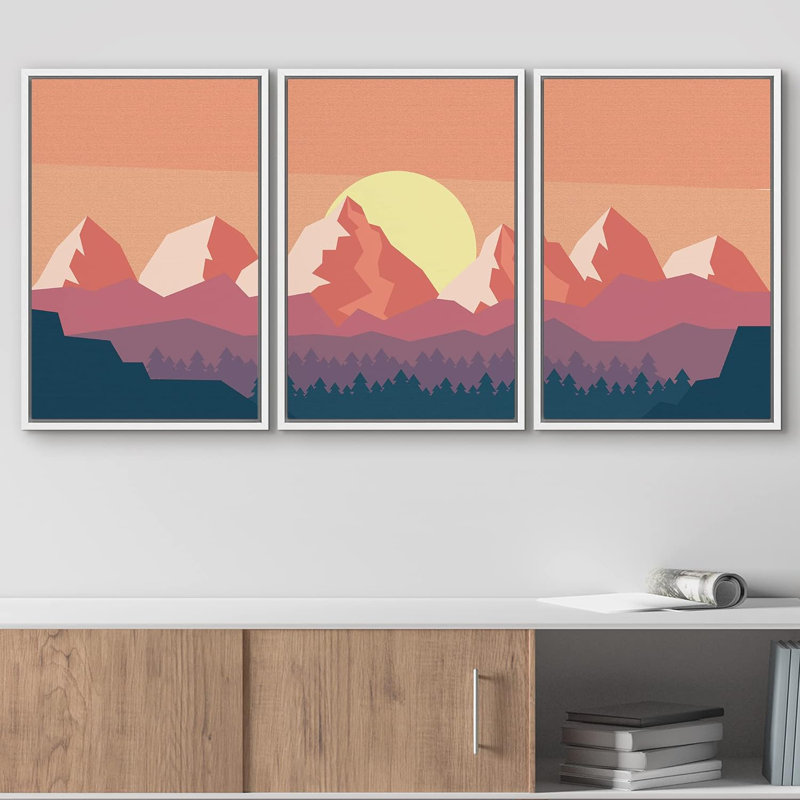 Abstract Mountain " Western Decor Abstract Nature Artwork Illustration V Sun And Mountains Minimal Landscape " 3 - Pieces