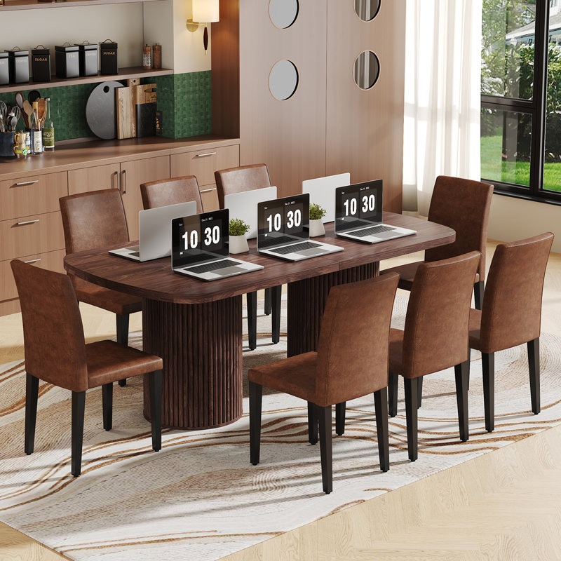 Large Farmhouse Kitchen Dinning Table Set Double Robust Pedestal, Brown Wood/Brown Wood, Brown, 9 Pieces: Table, 8 Chairs