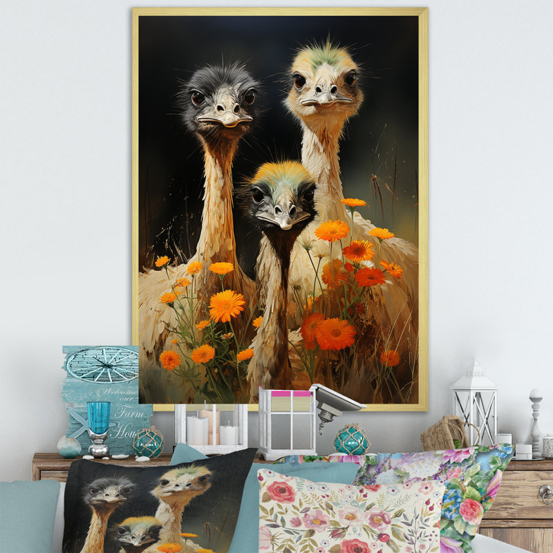 Autruches gracieuses sur autruche sur toile, Cadre photo noir, H 20 po x l 12 po