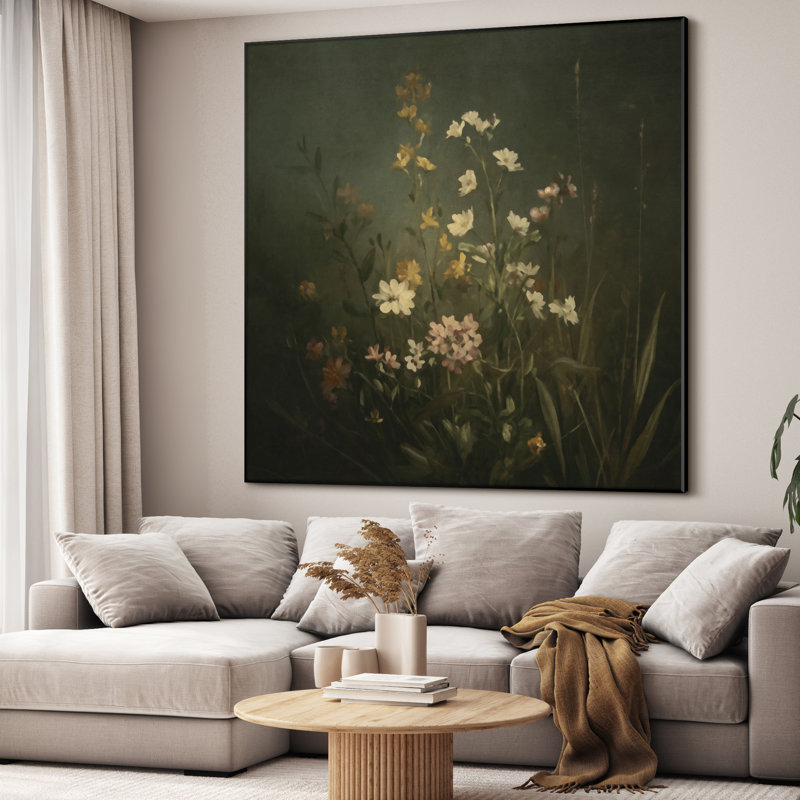 Très grand art mural imprimé sur toile - Jardin botanique rétro à fond foncé, motif de fleurs sauvages pour l'espace classique, décoration pour le salon ou la chambre à coucher - «Assemblage requis du cadre (cadre non fini)»