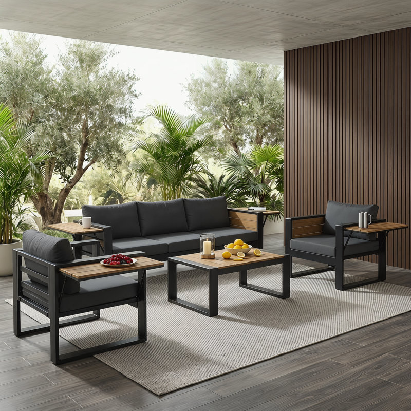 Ensemble de meubles de patio 4 pièces modernes toutes saisons, canapé d'extérieur à 5 places avec cadre en aluminium pour 5 personnes, 2 fauteuils avec tables d'appoint rabattables