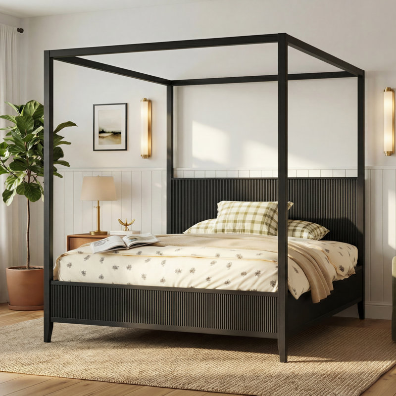 Lit plateforme à baldaquin en bois avec lattes de soutien, conception cannelée élégante, aucun sommier tapissier requis, Noir