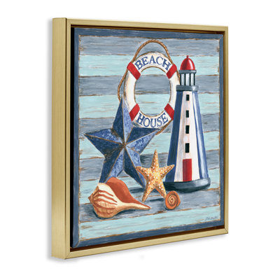 Rustic Beach House on Stripes Framed Floater Canvas Wall Art by Jennifer Brinley