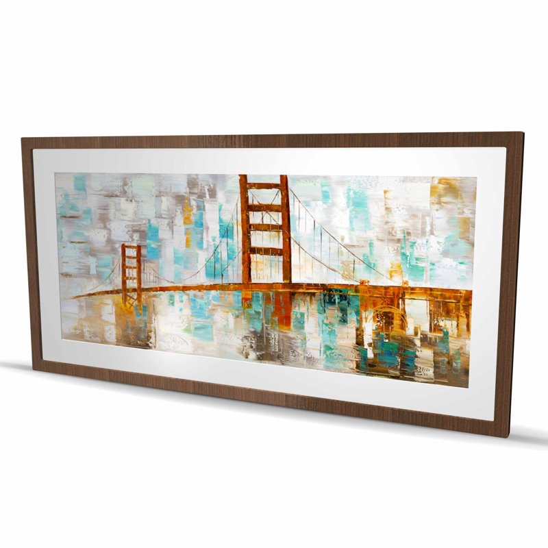 Golden Gate avec taches de peinture turquoise - reproduction encadrée, H 24 po x l 48 po, Brun