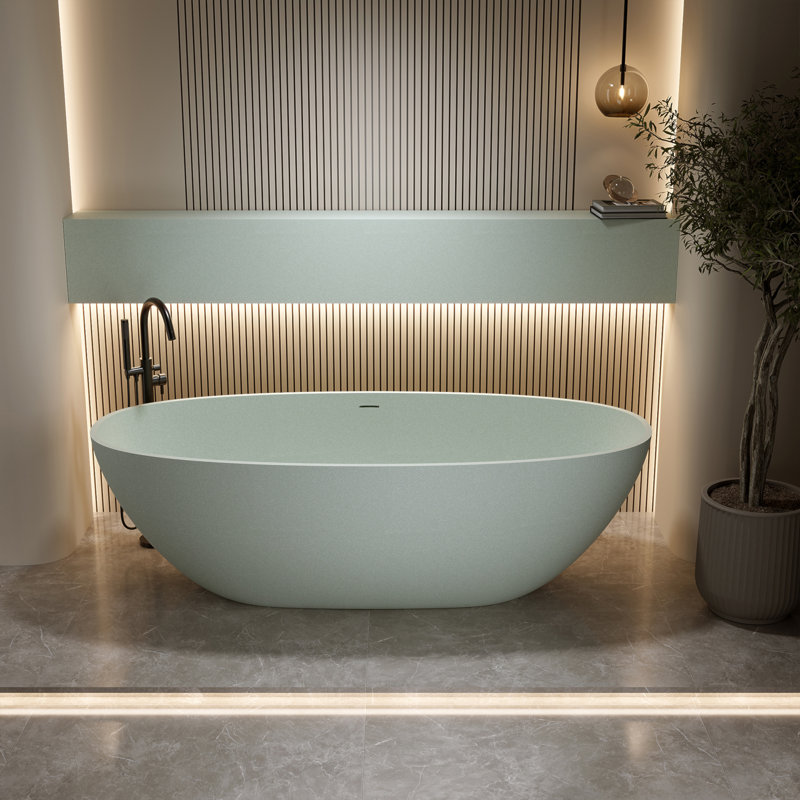 Baignoire de trempage autoportante en résine de 71 po à surface solide avec trop-plein et bonde escamotable, Vert turquoise