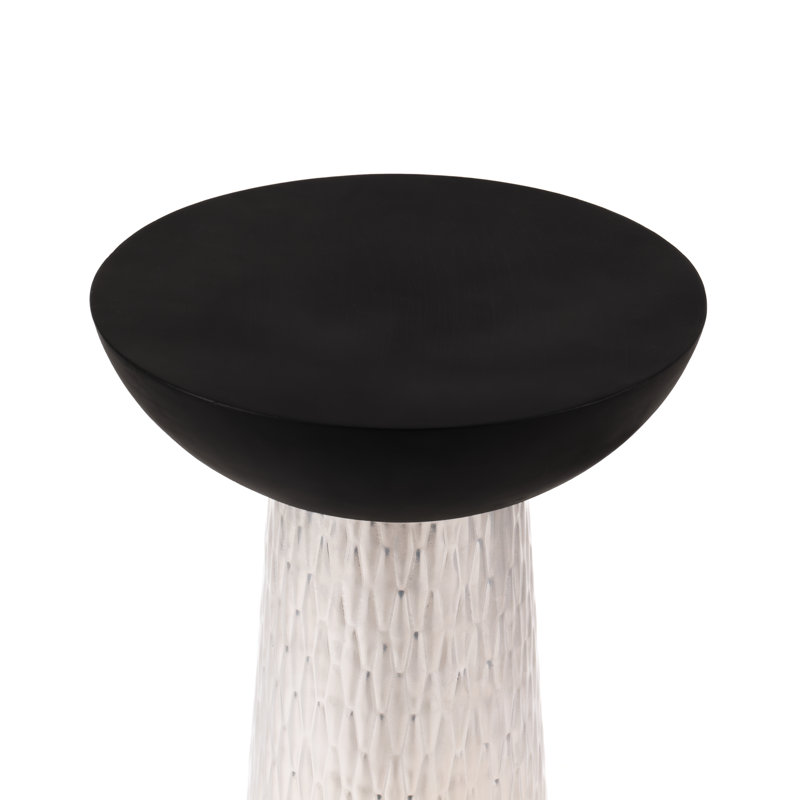 Tall Modern Accent Hourglass Design Drink Table with Hammered Metal Base and  Wooden Bowl Top, Silver