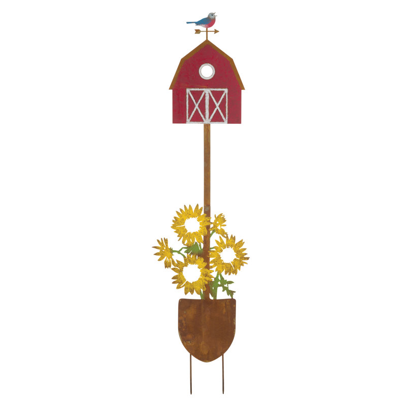 Rustic Red Metal Birdhouse Garden Stake with Sunflowers