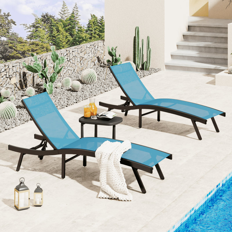 2 PCS All Weather Pool Lounge Chairs Ergonomic Design With Adjustable Backrest, Blue