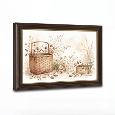 Woven Basket With Dried Flowers And Daisies Watercolor Art Canvas Wall Art